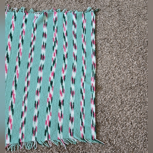 Vintage Shawl Wrap, Leg Warmer Crochet By Hand 1988 With Fringe Greens & Pink - Picture 5 of 9